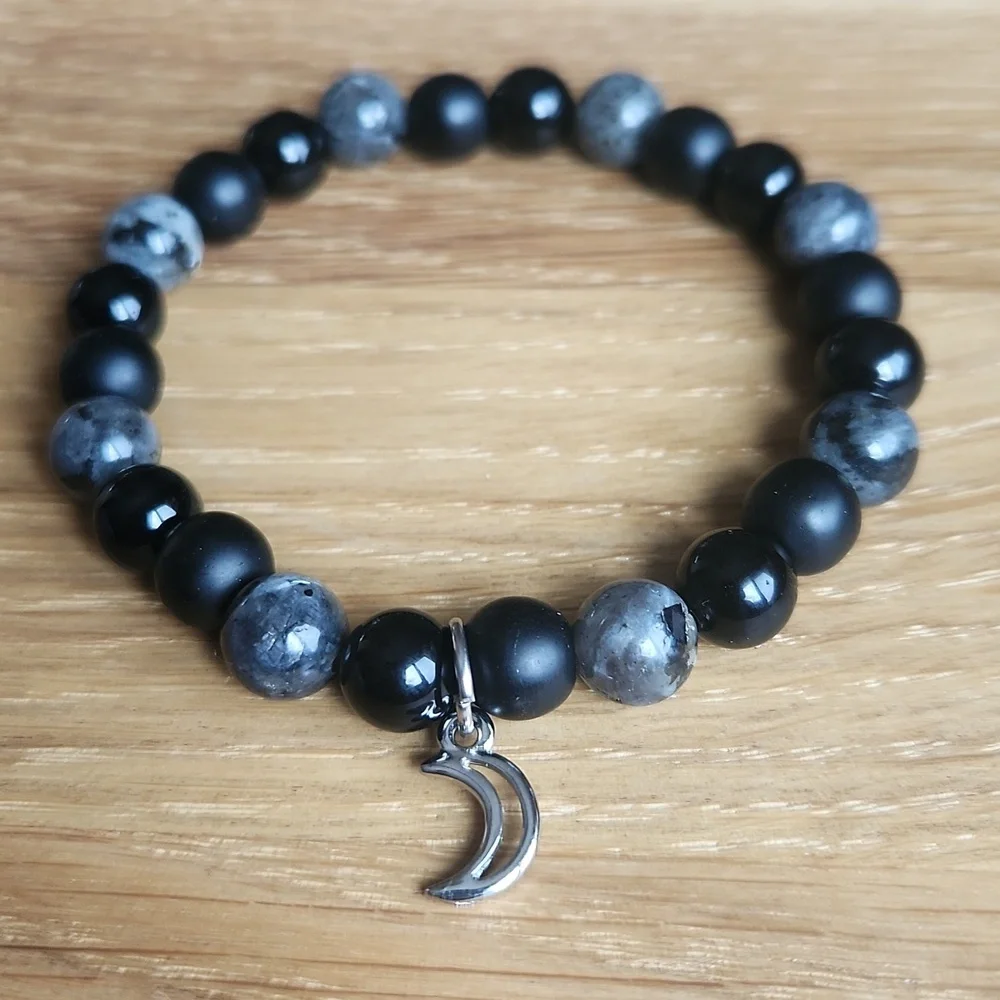 Gray Larvikite & Black Onyx Beaded Stretch Bracelet - Handmade